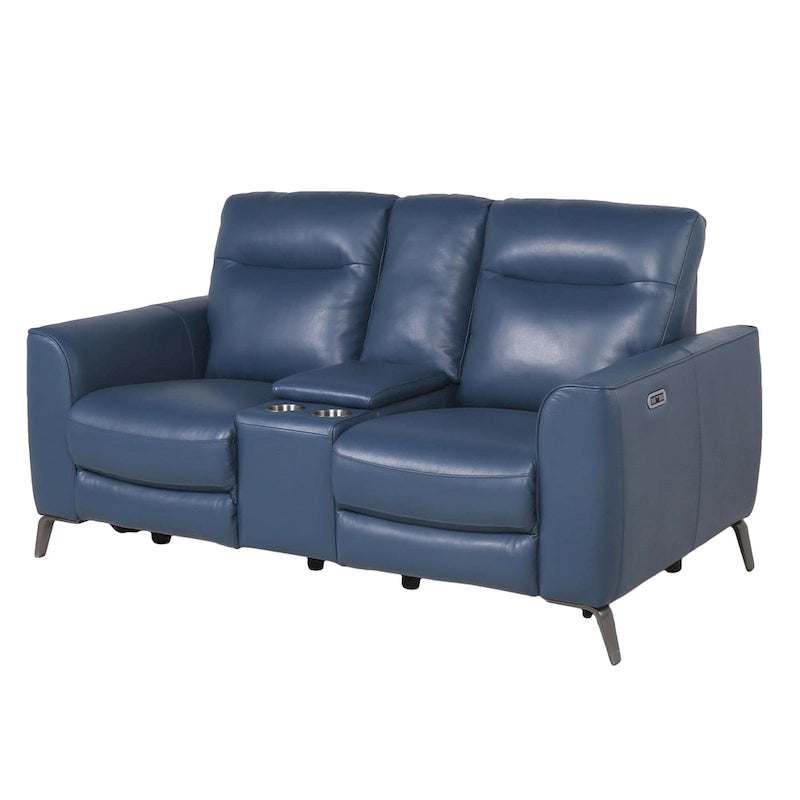 Causeuse inclinable électrique en cuir pleine fleur, bleu océan, avec console