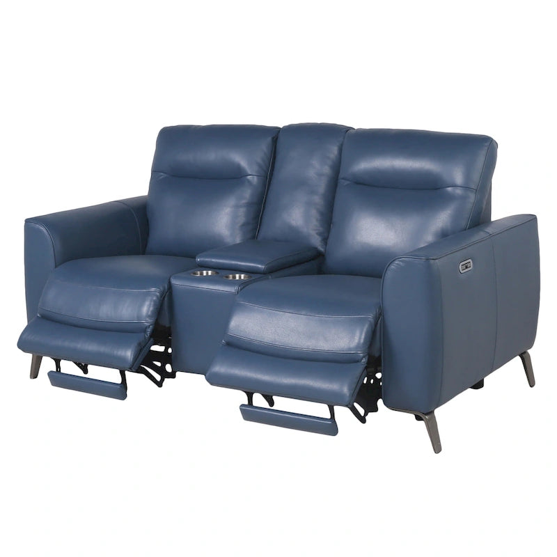 Causeuse inclinable électrique en cuir pleine fleur, bleu océan, avec console
