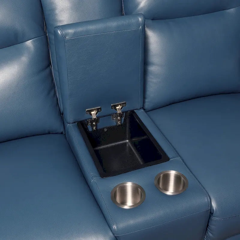 Causeuse inclinable électrique en cuir pleine fleur, bleu océan, avec console