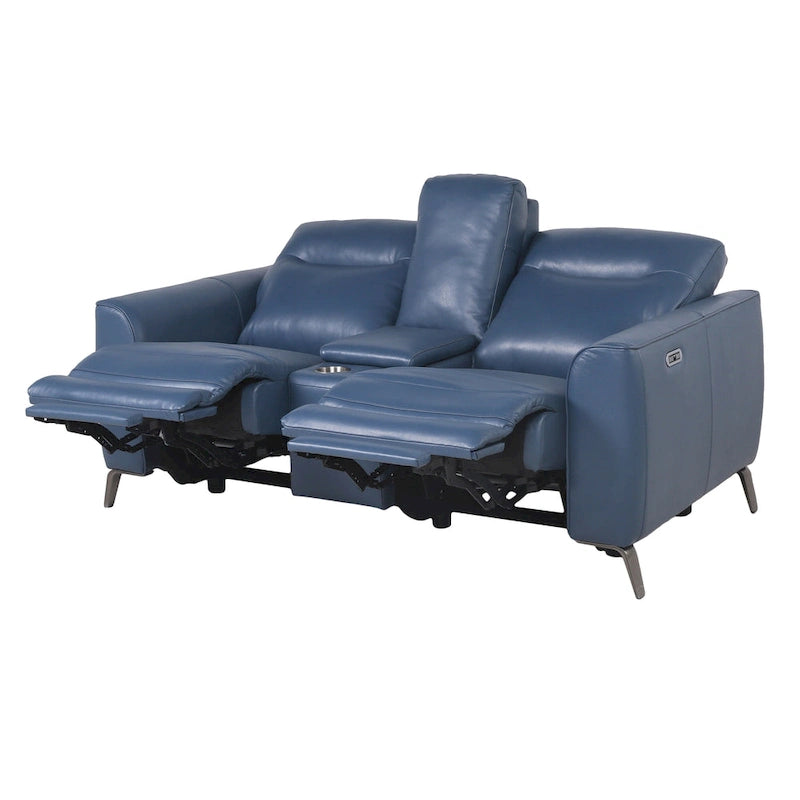 Causeuse inclinable électrique en cuir pleine fleur, bleu océan, avec console