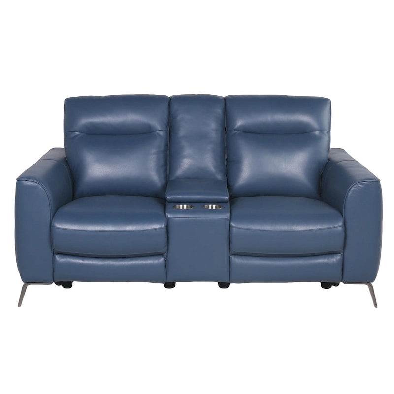 Causeuse inclinable électrique en cuir pleine fleur, bleu océan, avec console