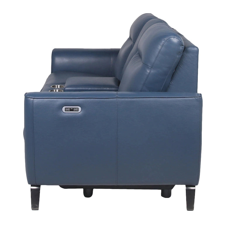 Causeuse inclinable électrique en cuir pleine fleur, bleu océan, avec console