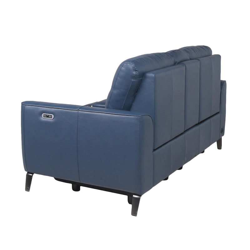Causeuse inclinable électrique en cuir pleine fleur, bleu océan, avec console