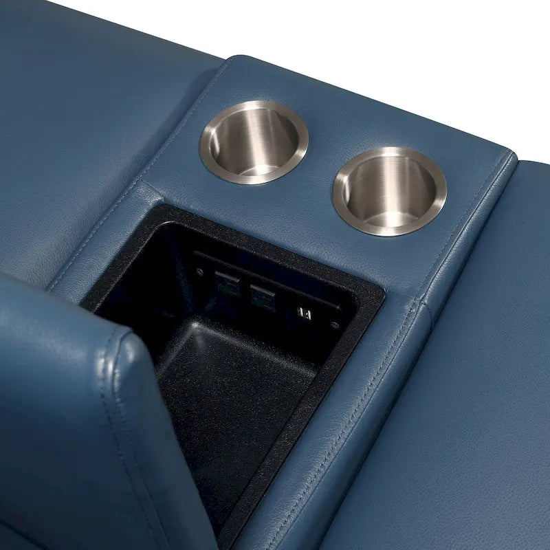 Causeuse inclinable électrique en cuir pleine fleur, bleu océan, avec console