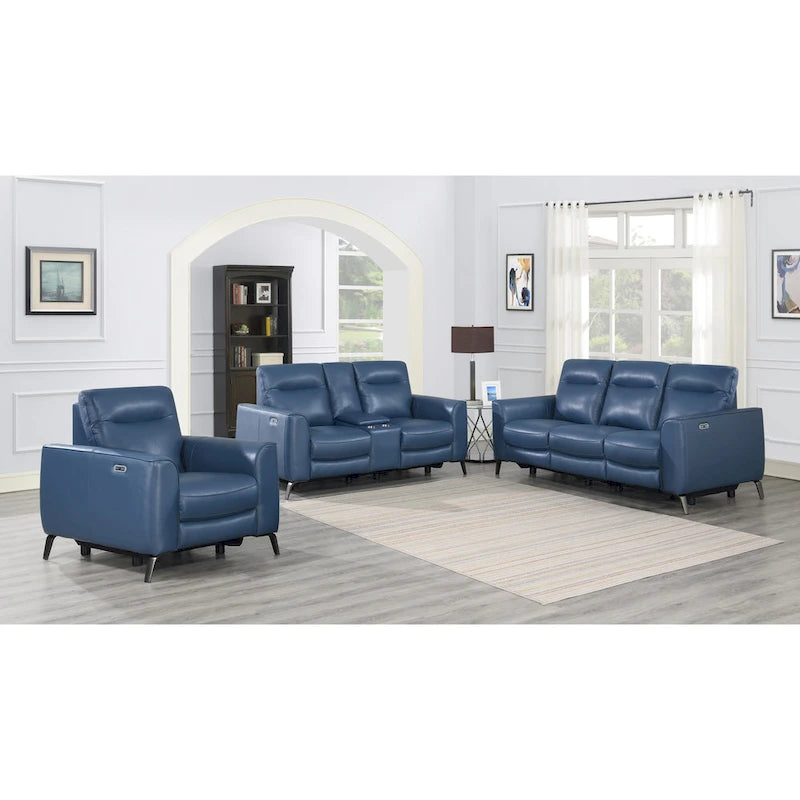 Causeuse inclinable électrique en cuir pleine fleur, bleu océan, avec console
