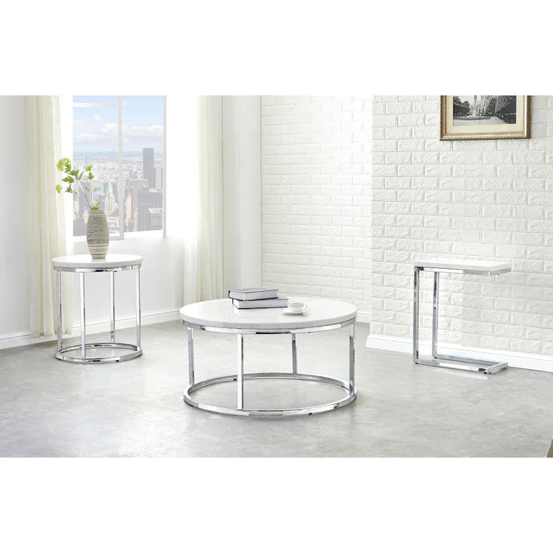 Table d'appoint de chevet avec plateau en marbre blanc et base chromée