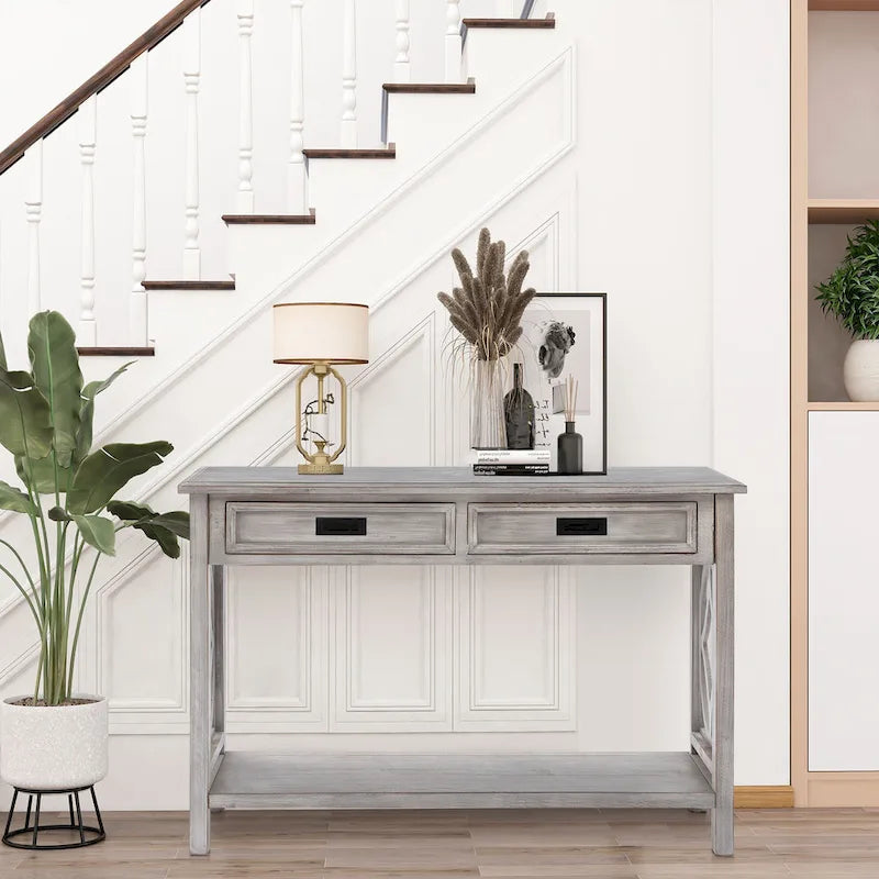 Console et table d'entrée en bois lavé gris à 2 tiroirs et 1 étagère – 32,7 H x 47,2 L x 13,8 P