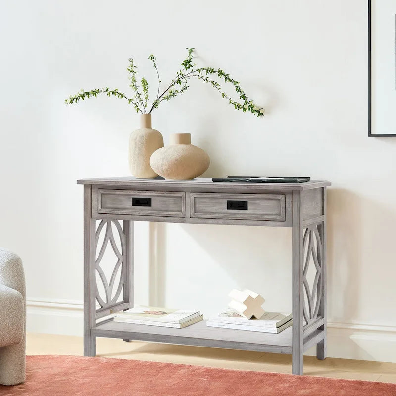 Console et table d'entrée en bois lavé gris à 2 tiroirs et 1 étagère – 32,7 H x 47,2 L x 13,8 P