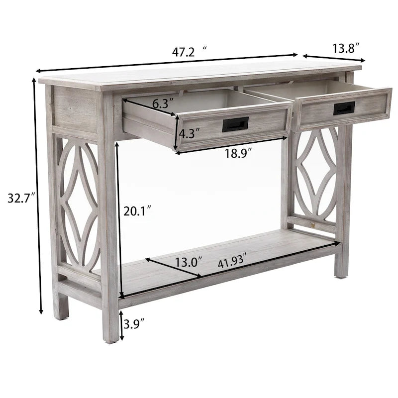 Console et table d'entrée en bois lavé gris à 2 tiroirs et 1 étagère – 32,7 H x 47,2 L x 13,8 P