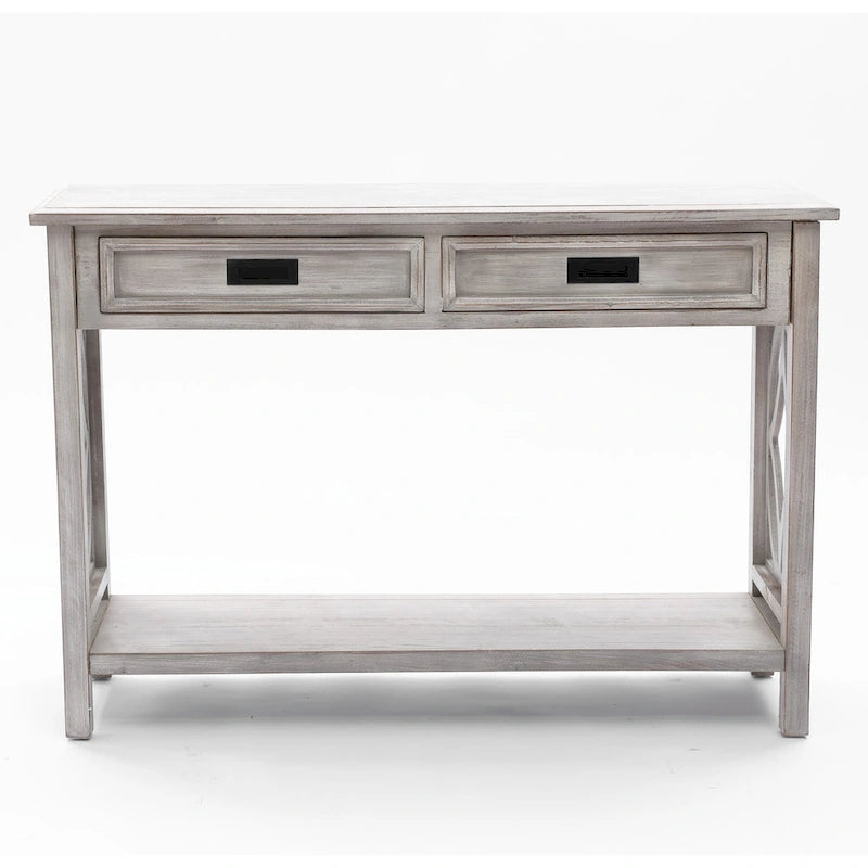 Console et table d'entrée en bois lavé gris à 2 tiroirs et 1 étagère – 32,7 H x 47,2 L x 13,8 P