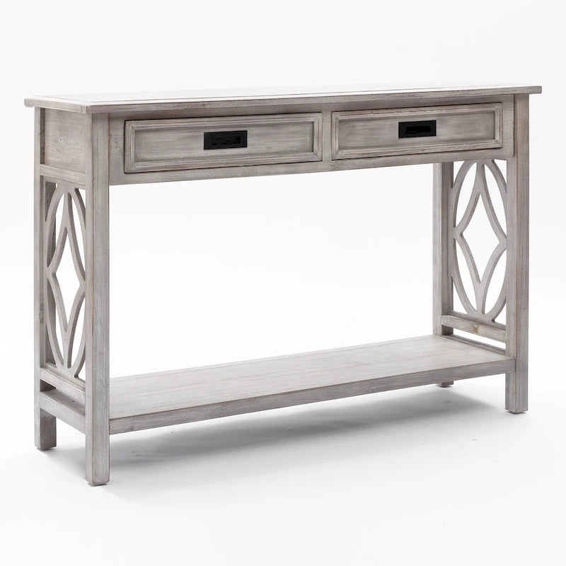 Console et table d'entrée en bois lavé gris à 2 tiroirs et 1 étagère – 32,7 H x 47,2 L x 13,8 P