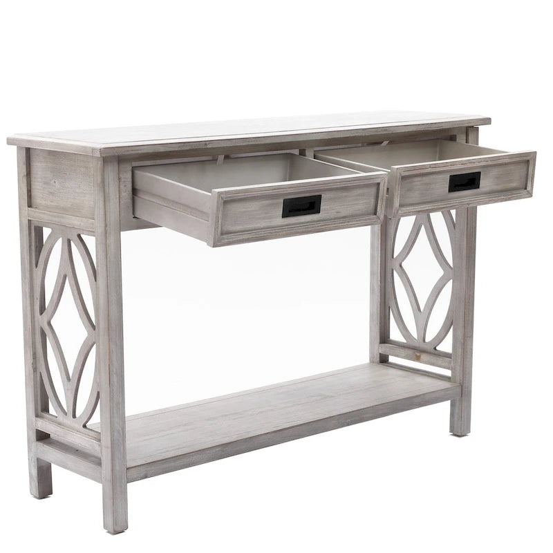 Console et table d'entrée en bois lavé gris à 2 tiroirs et 1 étagère – 32,7 H x 47,2 L x 13,8 P