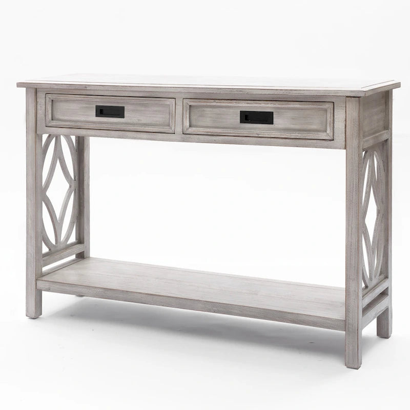Console et table d'entrée en bois lavé gris à 2 tiroirs et 1 étagère – 32,7 H x 47,2 L x 13,8 P