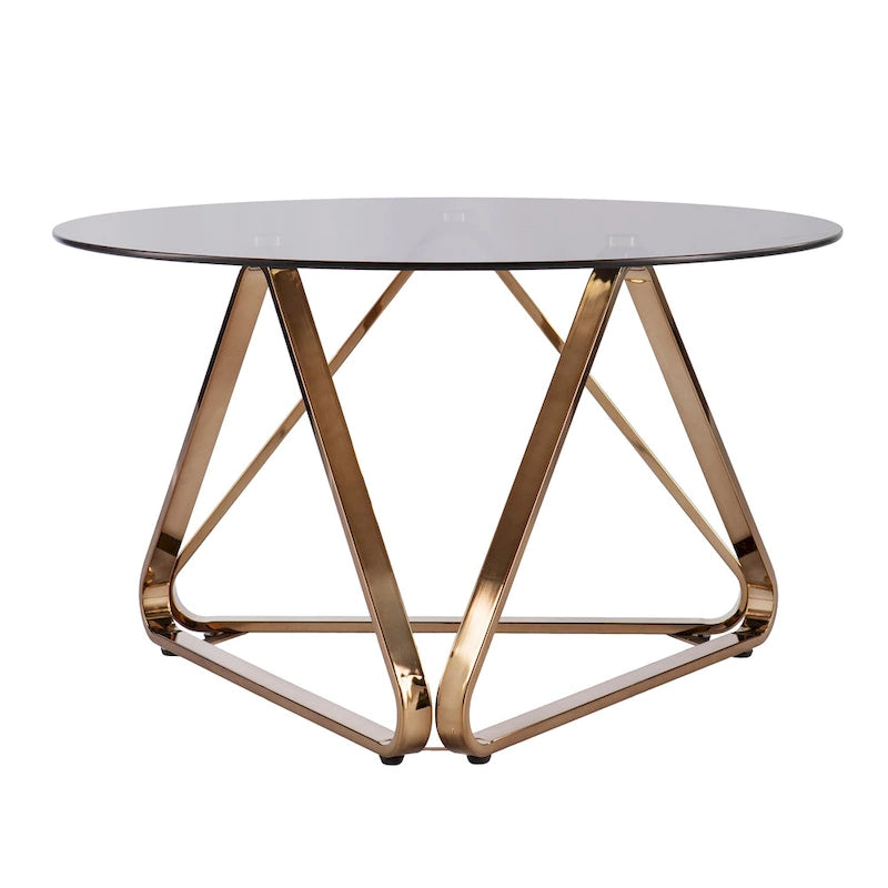 Table basse contemporaine en verre et piètement métallique géométrique couleur champagne