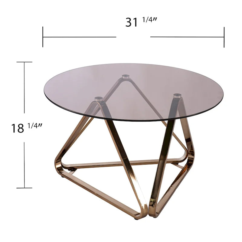 Table basse contemporaine en verre et piètement métallique géométrique couleur champagne