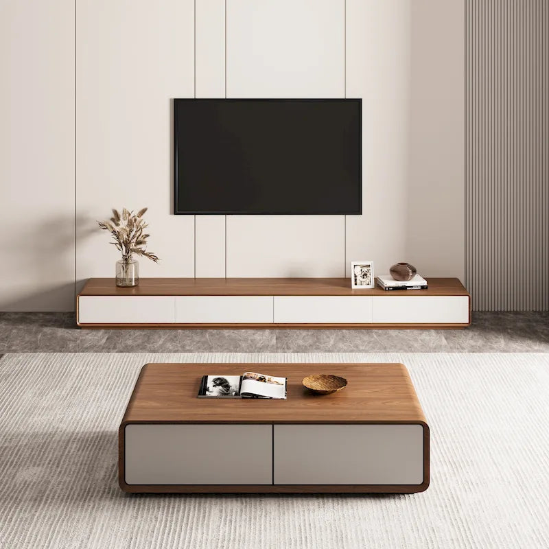 Meuble TV rectangulaire moderne avec 4 tiroirs, console média en placage de bois, noyer blanc, bois massif, entièrement assemblé