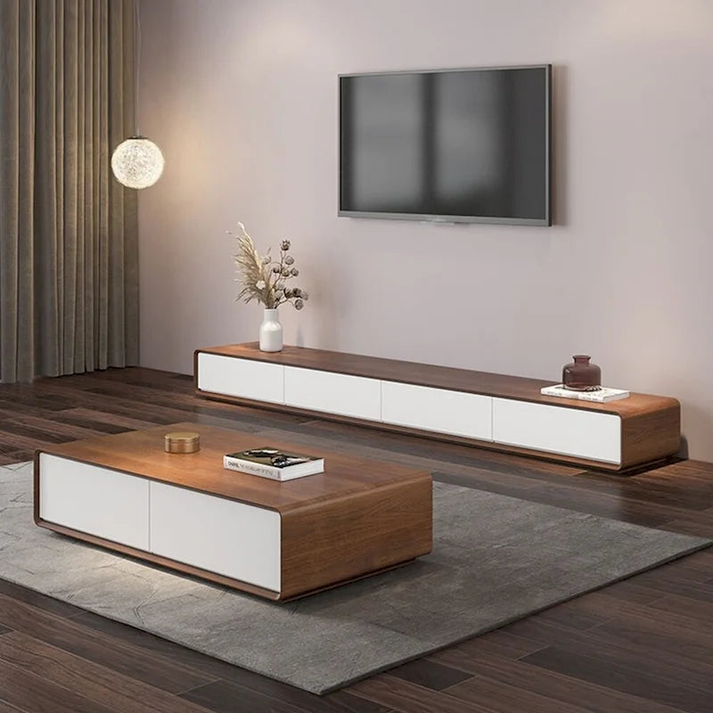 Meuble TV rectangulaire moderne avec 4 tiroirs, console média en placage de bois, noyer blanc, bois massif, entièrement assemblé