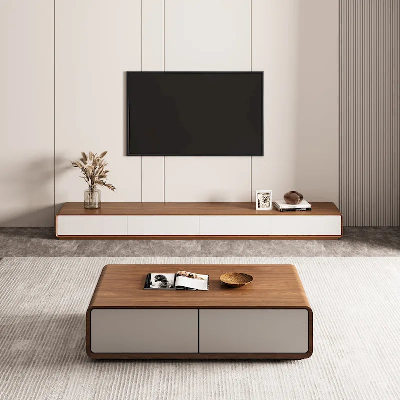 Meuble TV rectangulaire moderne avec 4 tiroirs, console média en placage de bois, noyer blanc, bois massif, entièrement assemblé