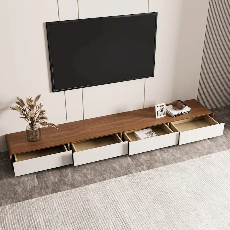 Meuble TV rectangulaire moderne avec 4 tiroirs, console média en placage de bois, noyer blanc, bois massif, entièrement assemblé