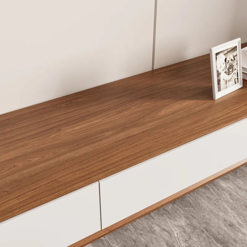Meuble TV rectangulaire moderne avec 4 tiroirs, console média en placage de bois, noyer blanc, bois massif, entièrement assemblé