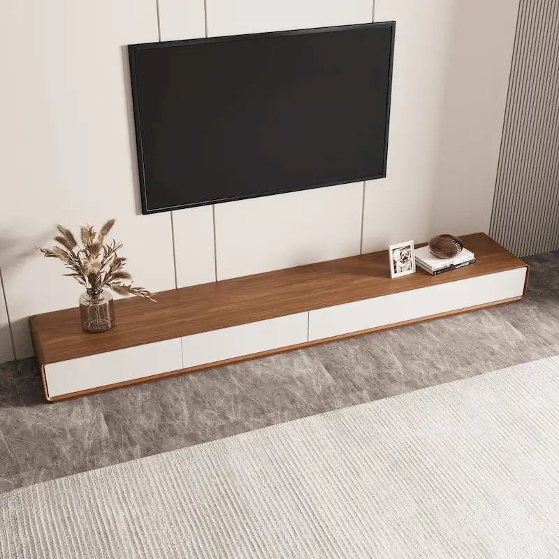 Meuble TV rectangulaire moderne avec 4 tiroirs, console média en placage de bois, noyer blanc, bois massif, entièrement assemblé