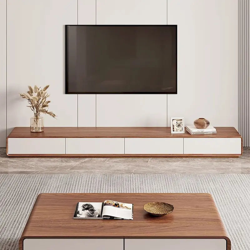 Meuble TV rectangulaire moderne avec 4 tiroirs, console média en placage de bois, noyer blanc, bois massif, entièrement assemblé