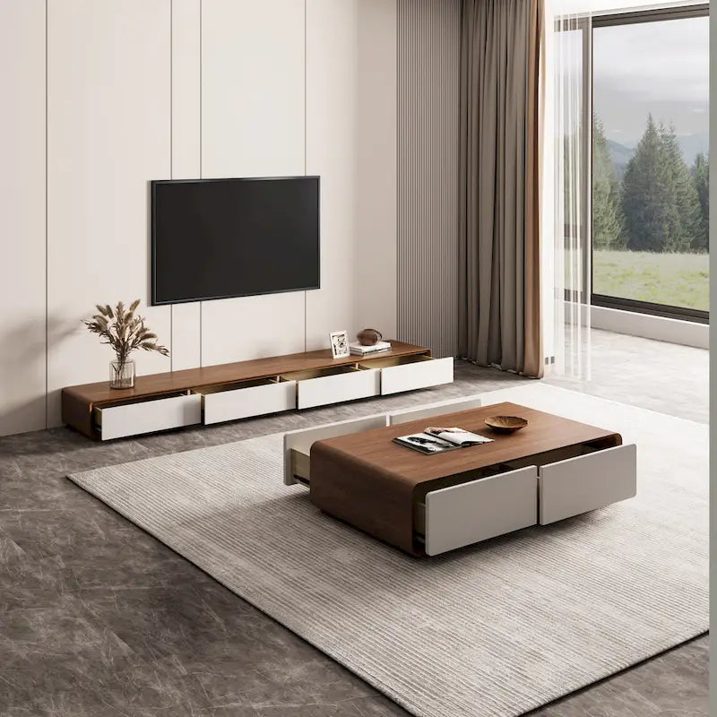 Meuble TV rectangulaire moderne avec 4 tiroirs, console média en placage de bois, noyer blanc, bois massif, entièrement assemblé