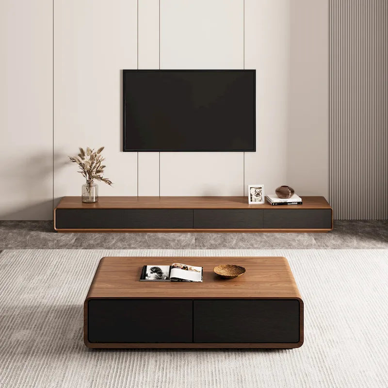 Meuble TV rectangulaire moderne avec 4 tiroirs, console média en placage de bois, noyer blanc, bois massif, entièrement assemblé