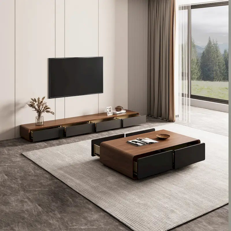 Meuble TV rectangulaire moderne avec 4 tiroirs, console média en placage de bois, noyer blanc, bois massif, entièrement assemblé