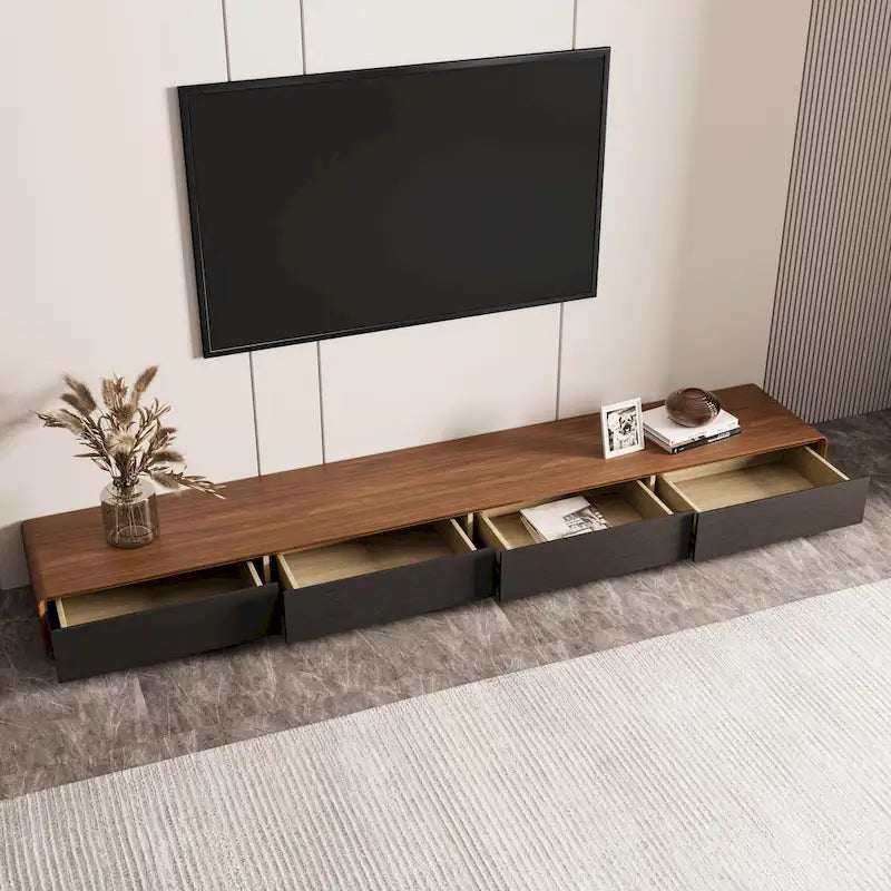 Meuble TV rectangulaire moderne avec 4 tiroirs, console média en placage de bois, noyer blanc, bois massif, entièrement assemblé