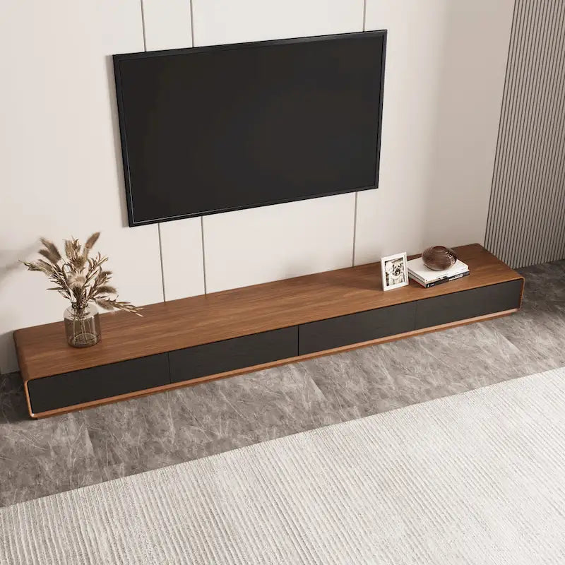 Meuble TV rectangulaire moderne avec 4 tiroirs, console média en placage de bois, noyer blanc, bois massif, entièrement assemblé