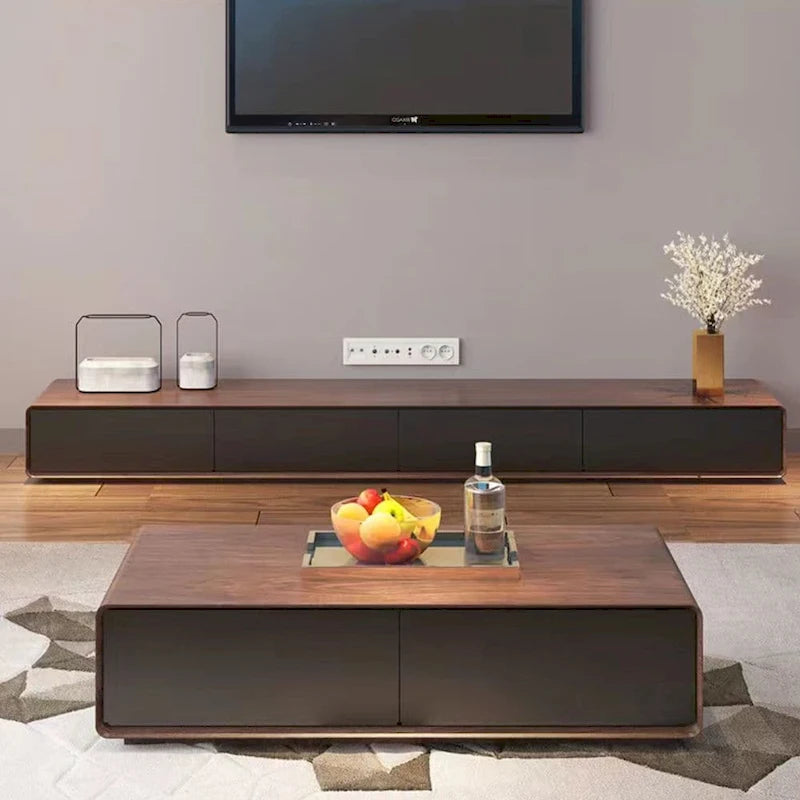 Meuble TV rectangulaire moderne avec 4 tiroirs, console média en placage de bois, noyer blanc, bois massif, entièrement assemblé
