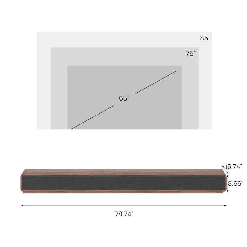 Meuble TV rectangulaire moderne avec 4 tiroirs, console média en placage de bois, noyer blanc, bois massif, entièrement assemblé