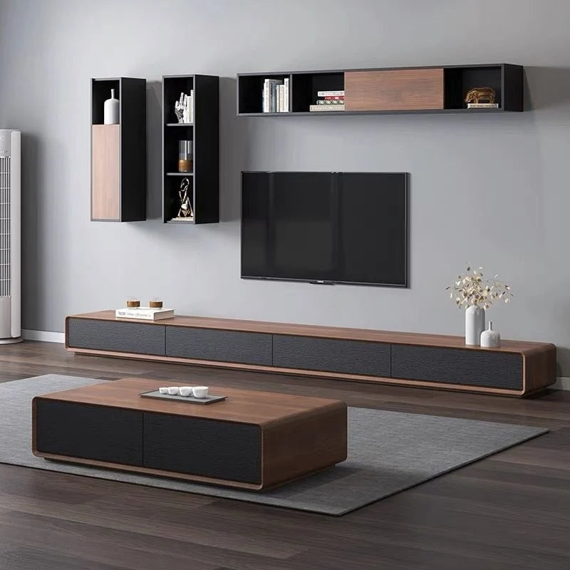Meuble TV rectangulaire moderne avec 4 tiroirs, console média en placage de bois, noyer blanc, bois massif, entièrement assemblé