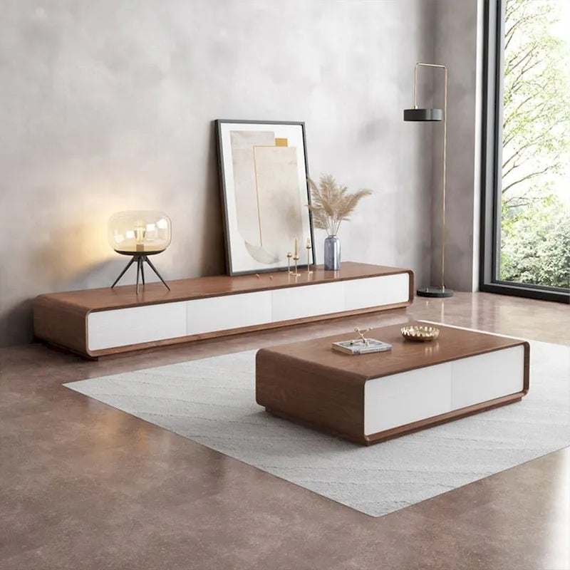 Meuble TV rectangulaire moderne avec 4 tiroirs, console média en placage de bois, noyer blanc, bois massif, entièrement assemblé