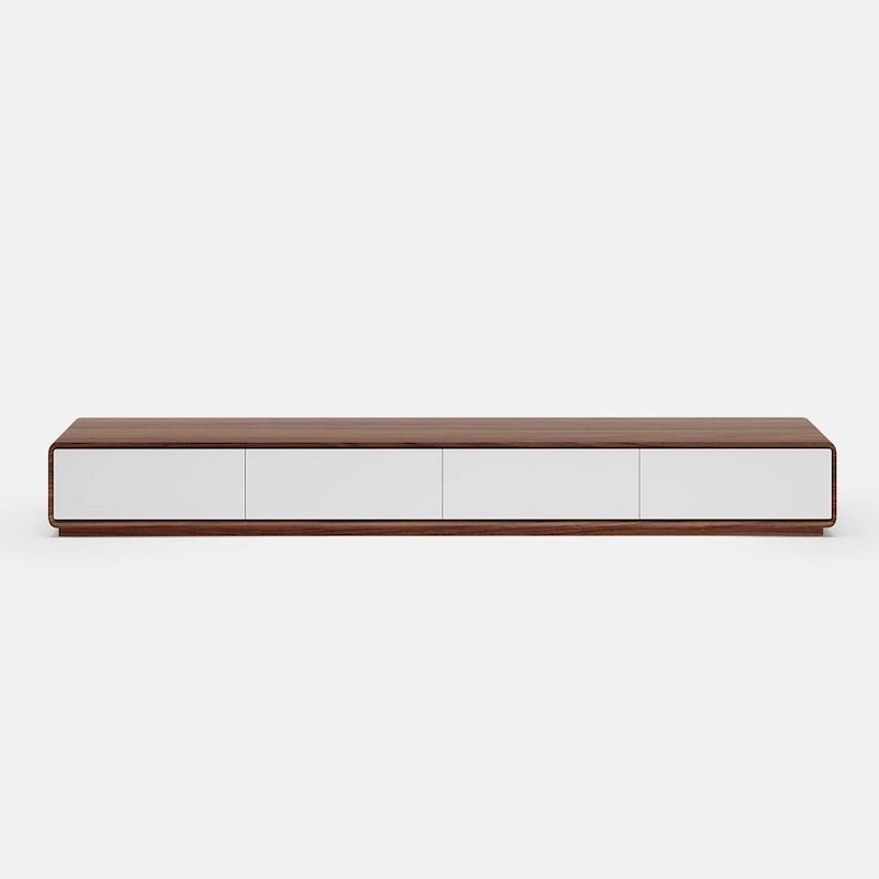 Meuble TV rectangulaire moderne avec 4 tiroirs, console média en placage de bois, noyer blanc, bois massif, entièrement assemblé