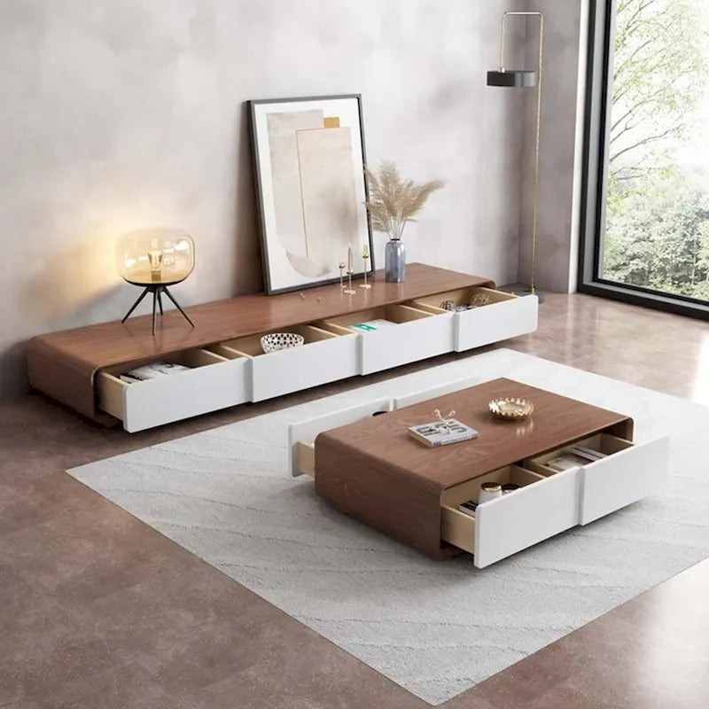 Meuble TV rectangulaire moderne avec 4 tiroirs, console média en placage de bois, noyer blanc, bois massif, entièrement assemblé