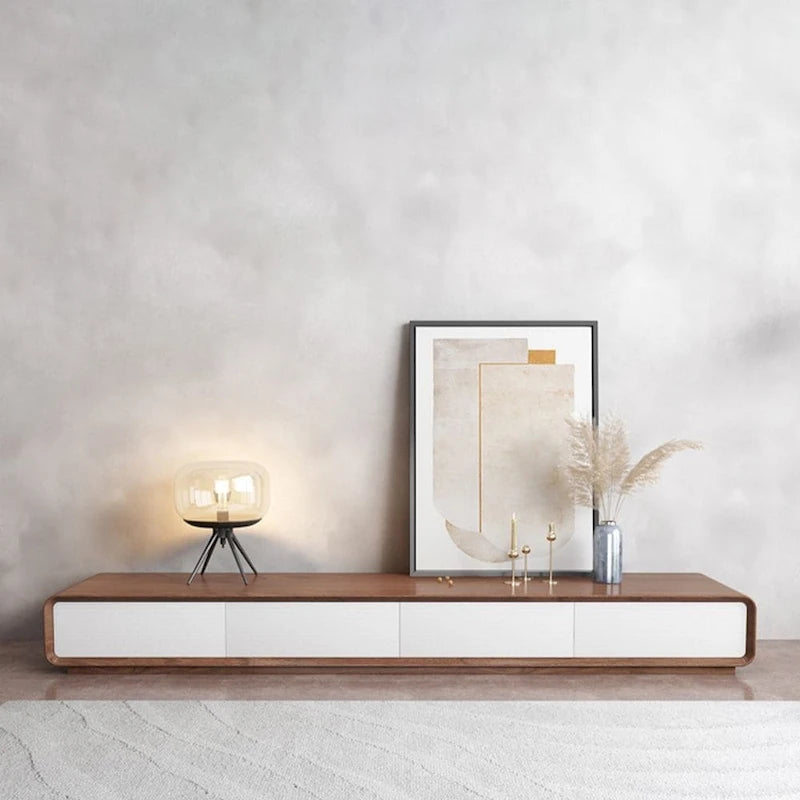 Meuble TV rectangulaire moderne avec 4 tiroirs, console média en placage de bois, noyer blanc, bois massif, entièrement assemblé