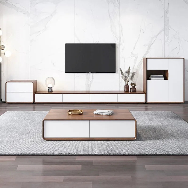 Meuble TV rectangulaire moderne avec 4 tiroirs, console média en placage de bois, noyer blanc, bois massif, entièrement assemblé