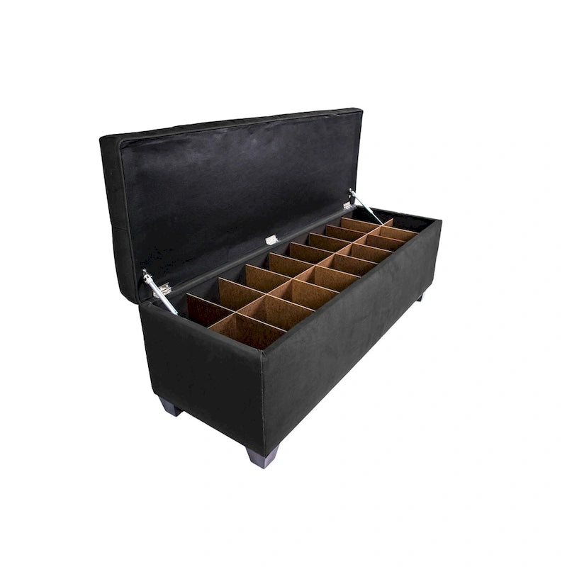 Banc de rangement pour chaussures capitonné en losanges avec séparateurs en bois