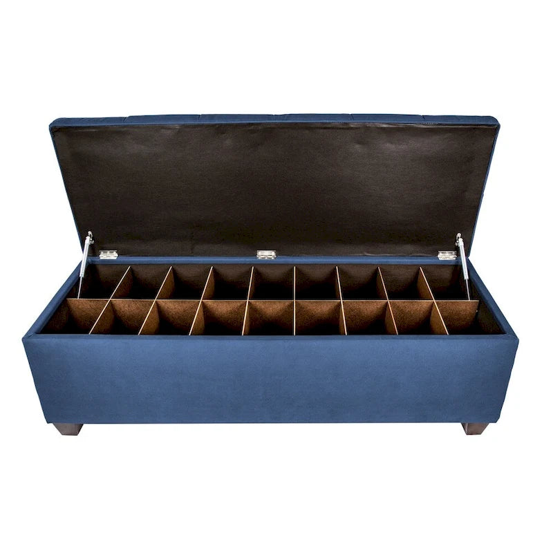 Banc de rangement pour chaussures capitonné en losanges avec séparateurs en bois