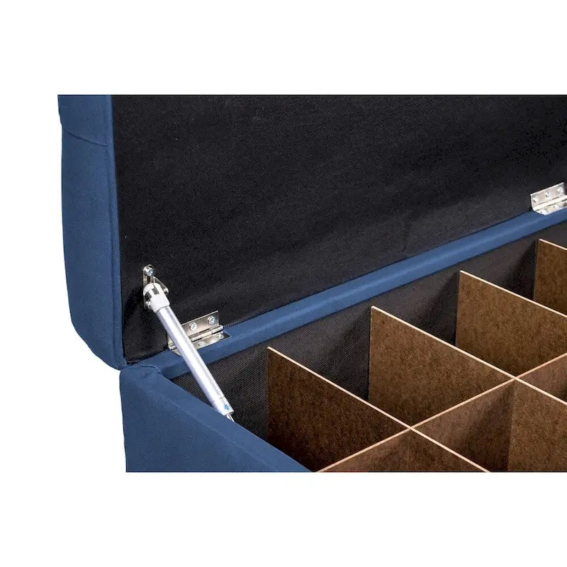Banc de rangement pour chaussures capitonné en losanges avec séparateurs en bois