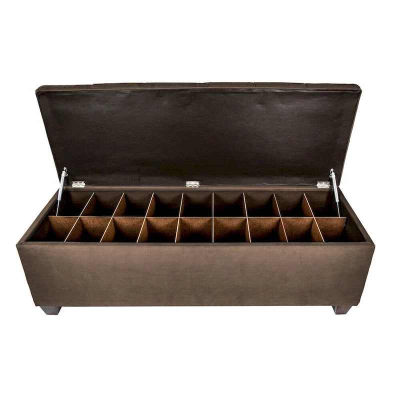 Banc de rangement pour chaussures capitonné en losanges avec séparateurs en bois