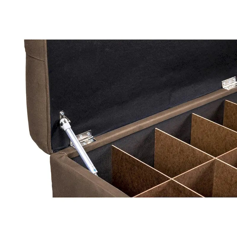 Banc de rangement pour chaussures capitonné en losanges avec séparateurs en bois