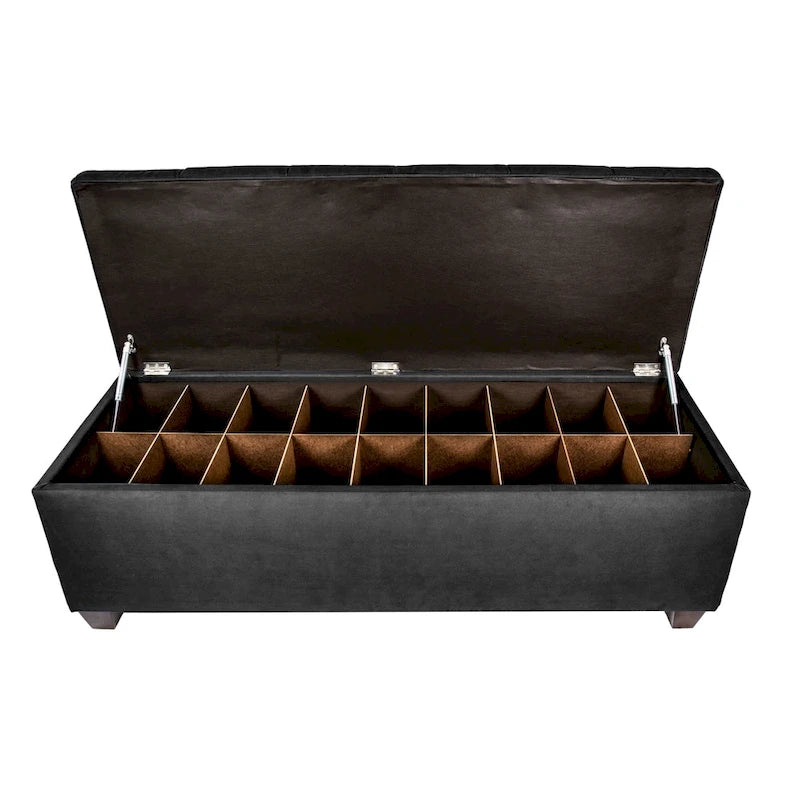 Banc de rangement pour chaussures capitonné en losanges avec séparateurs en bois