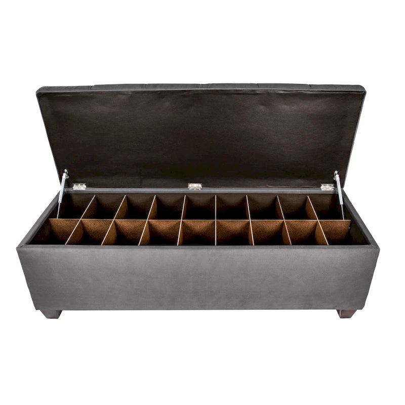 Banc de rangement pour chaussures capitonné en losanges avec séparateurs en bois