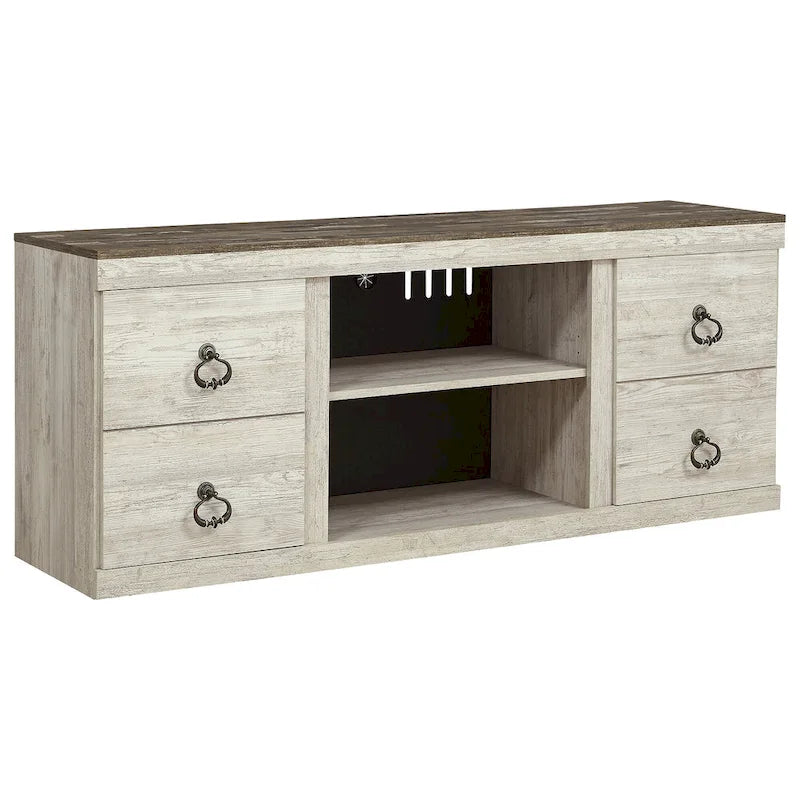 Meuble TV de 152 cm imitation grain de bois avec quatre tiroirs et rangement central ouvert