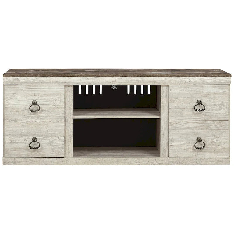Meuble TV de 152 cm imitation grain de bois avec quatre tiroirs et rangement central ouvert