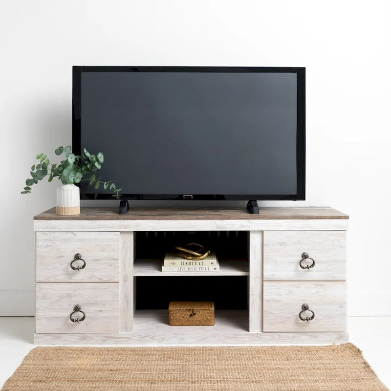 Meuble TV de 152 cm imitation grain de bois avec quatre tiroirs et rangement central ouvert
