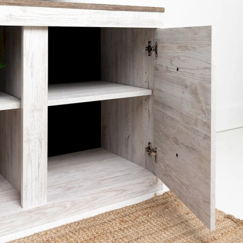 Meuble TV de 152 cm imitation grain de bois avec quatre tiroirs et rangement central ouvert